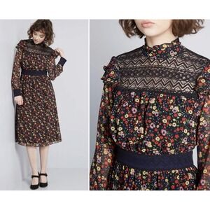 NEW Anna Sui x ModCloth 20 Black Floral Lace Ruffle Midi Dress Career Cottage